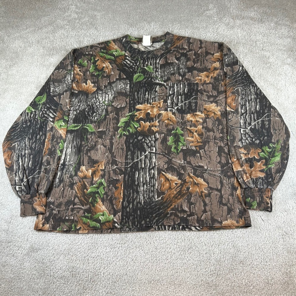 VTG Jerzees Outdoors T-Shirt Mens L Brown Trebark Superflage Camo Long Sleeve